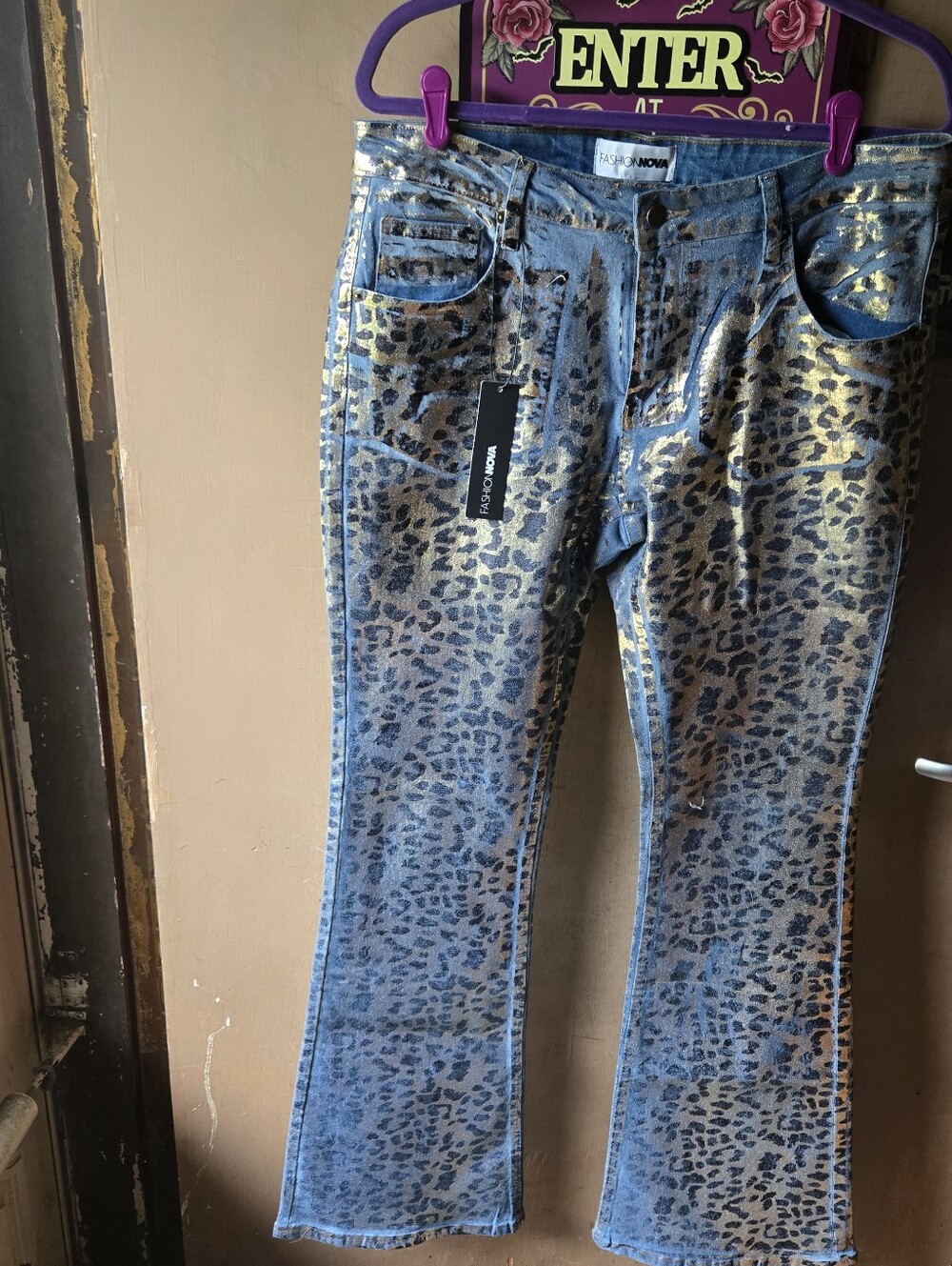 🔥Fashion Nova Blue Denim Flare Jeans with Gold Leopard Foil
